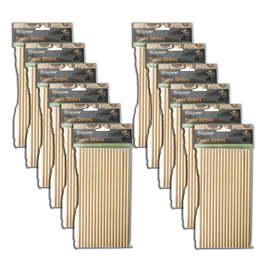 Topchef 50pc Topchef Disposable Single-Use Paper Drinking Straws 20cm Natural (12 Pack)