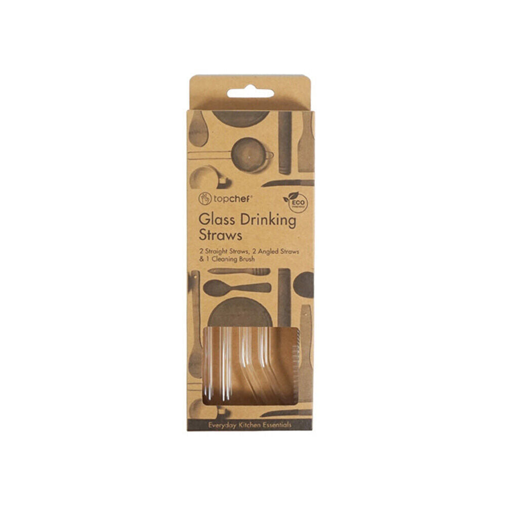 Topchef Re-Usable Glass Drinking Juice/Liquid Angled Straws & Brush Clear (5 Pieces)