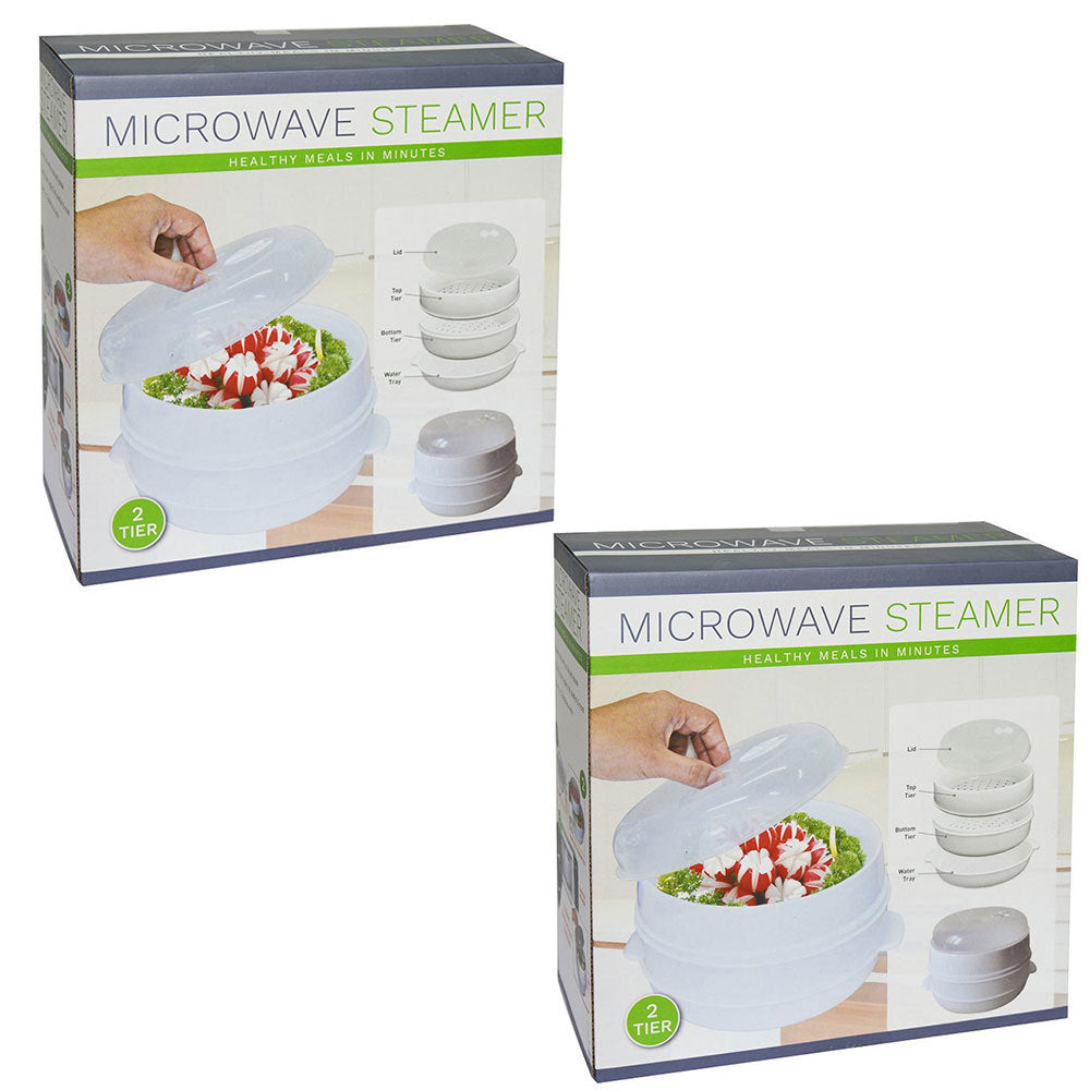 Uniwide Microwave Kitchen 2 Tier Steamer Food/Vegetables Container Cookware w/Lid (2 Pack)