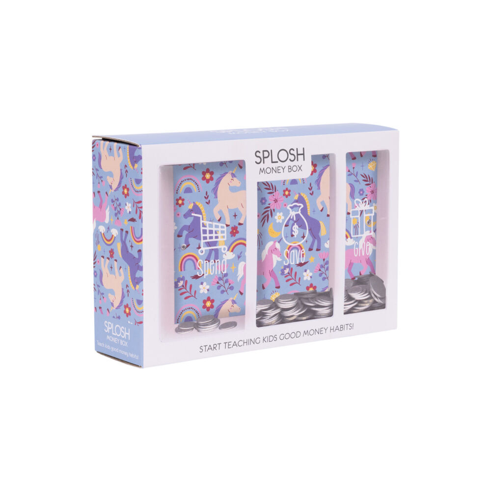 Splosh 20.5cm Rectangle Kids Unicorn Spend Save Give Money Box Piggy Bank