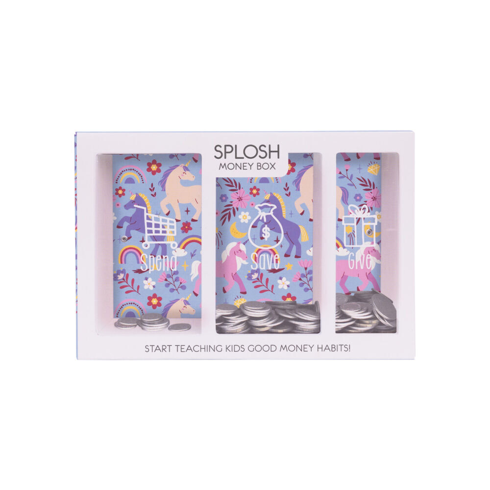 Splosh 20.5cm Rectangle Kids Unicorn Spend Save Give Money Box Piggy Bank — image 4