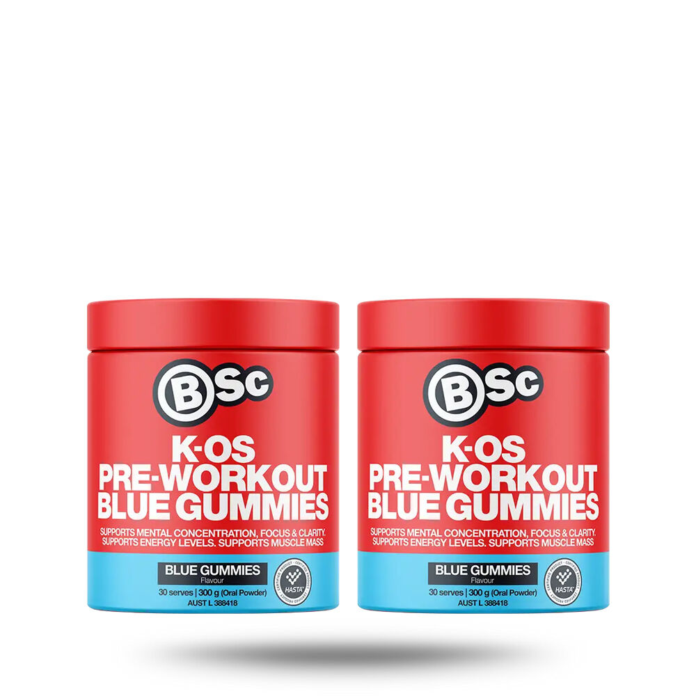 BSc K-OS Pre-Workout Powder Focus & Clarity 30 Serves 300g Blue Gummies (2 Pack)