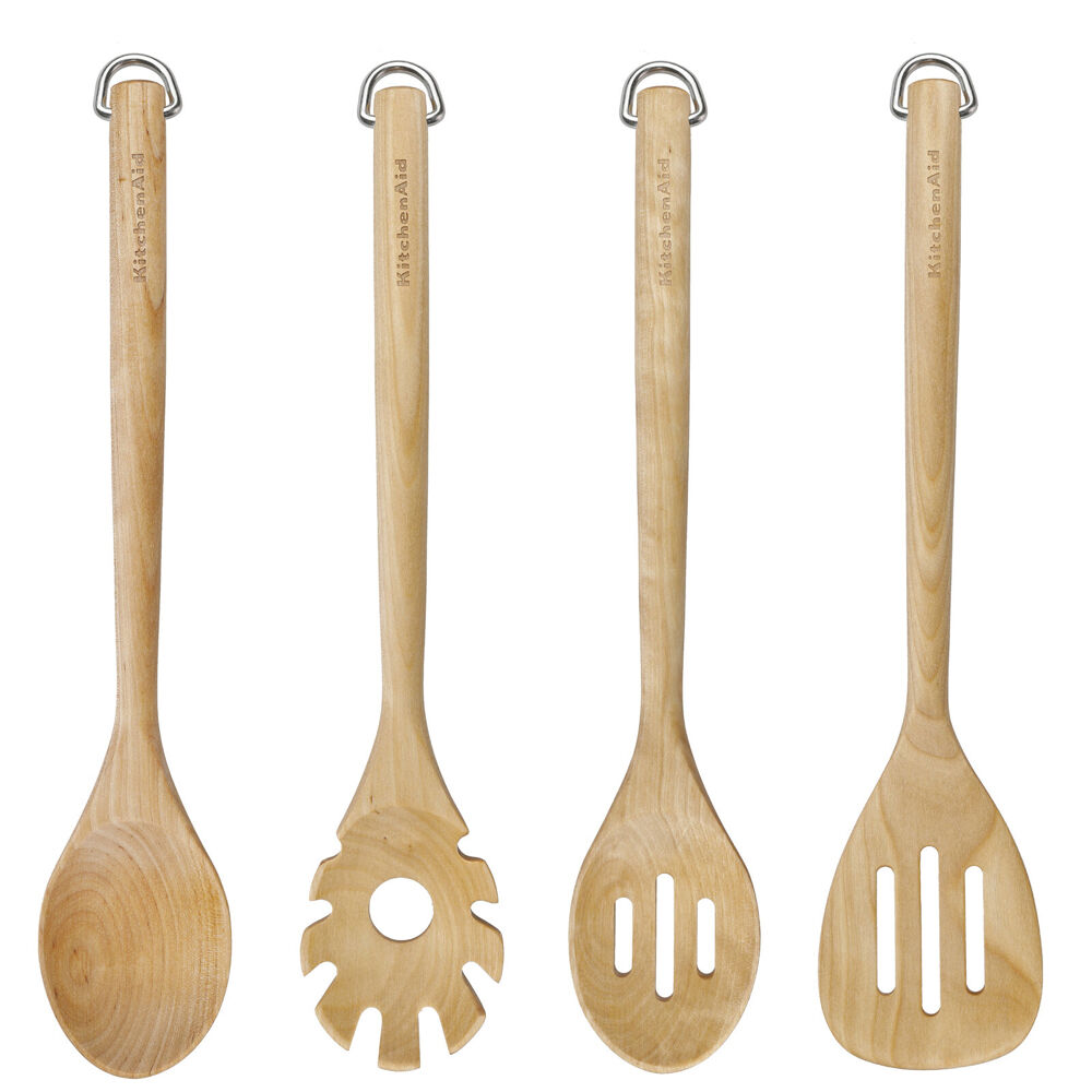 Kitchenaid Birchwood Utensils Set Wooden Kitchen Tools Durable Design w/Hook (4 Pieces)