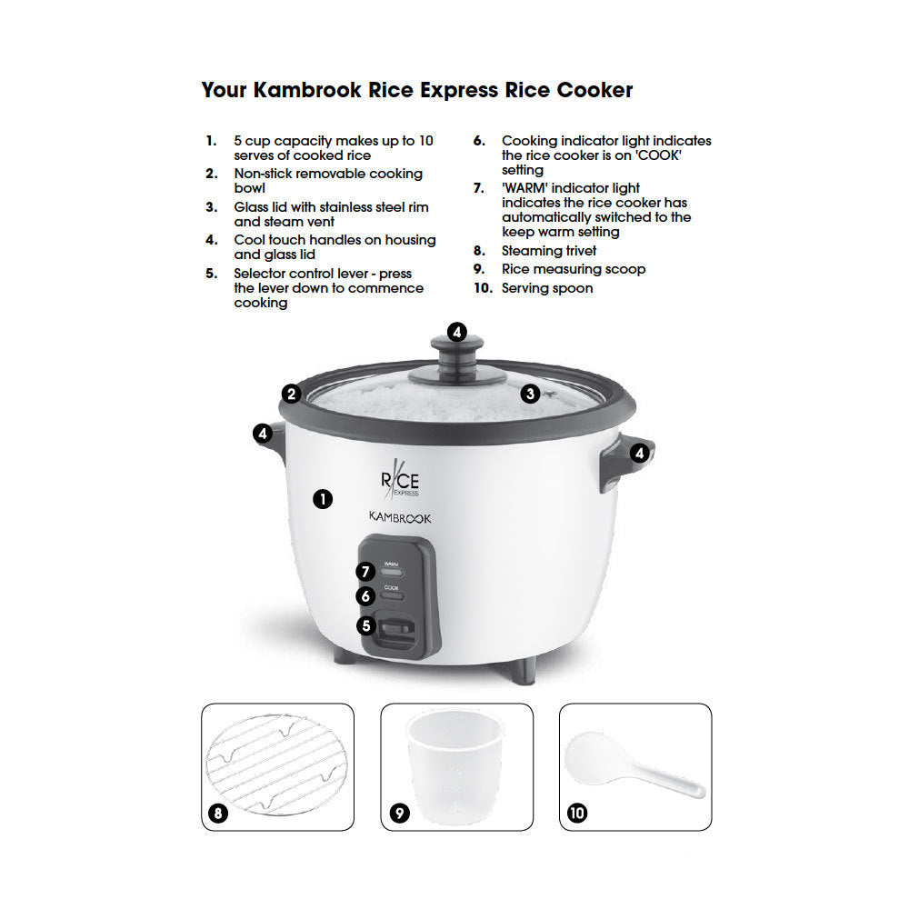 Kambrook Electric Rice Cooker Express 5 Cup w/ Non-stick Bowl Pan/Spoon/Cup/lid — image 2