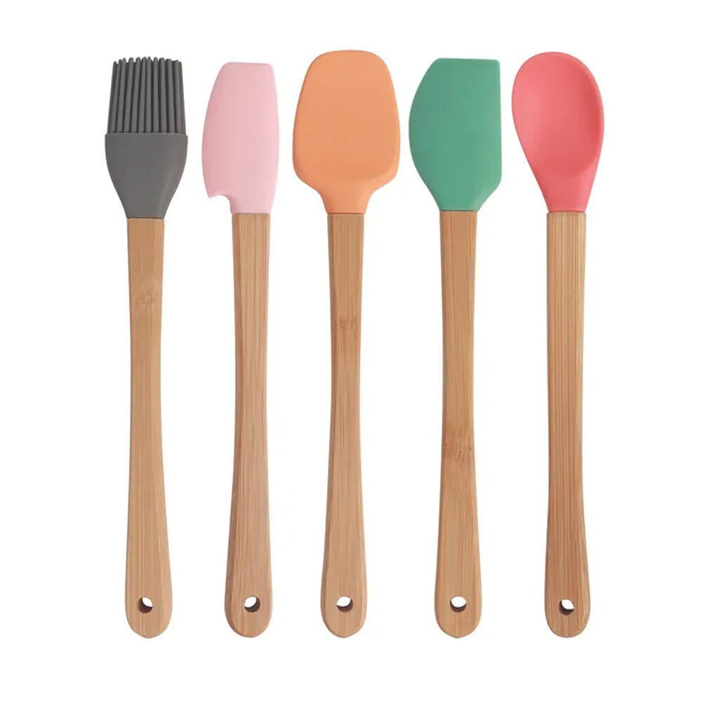 Unbranded Mini 21cm Silicone & Bamboo Utensils Set Basting Brush/Spatula/Spoonula (5 Pieces)