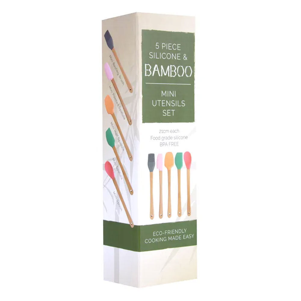 Unbranded Mini 21cm Silicone & Bamboo Utensils Set Basting Brush/Spatula/Spoonula (5 Pieces) — image 2