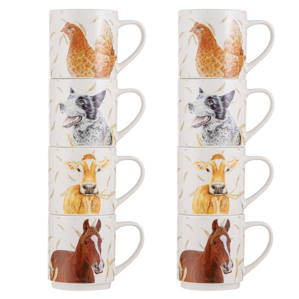 Ashdene 4pc Ashdene Farmyard Faces 2 New Bone China Stackable Drink Mug 330ml White (2 Pack)