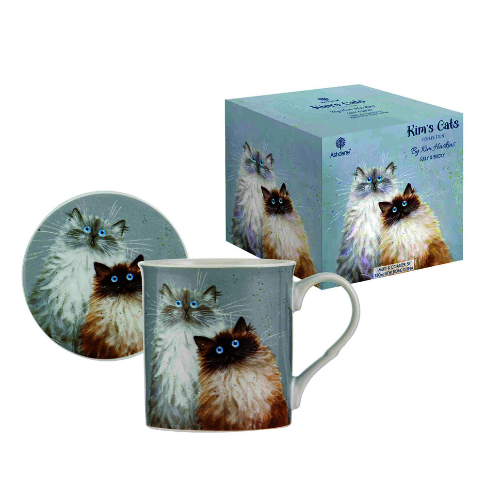Ashdene 330ml Blue Kim's Cats Sully & Bucky New Bone China Mug Coaster Set