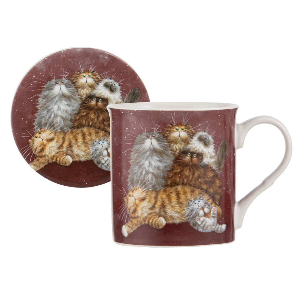 Ashdene Kim's Cats Friends Family Bone China Mug Coaster Set 330ml Red (2 Pieces)