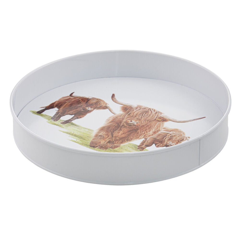 Ashdene White 30.5x30.5cm Highland Herd Galvanise Steel Round Serving Tray