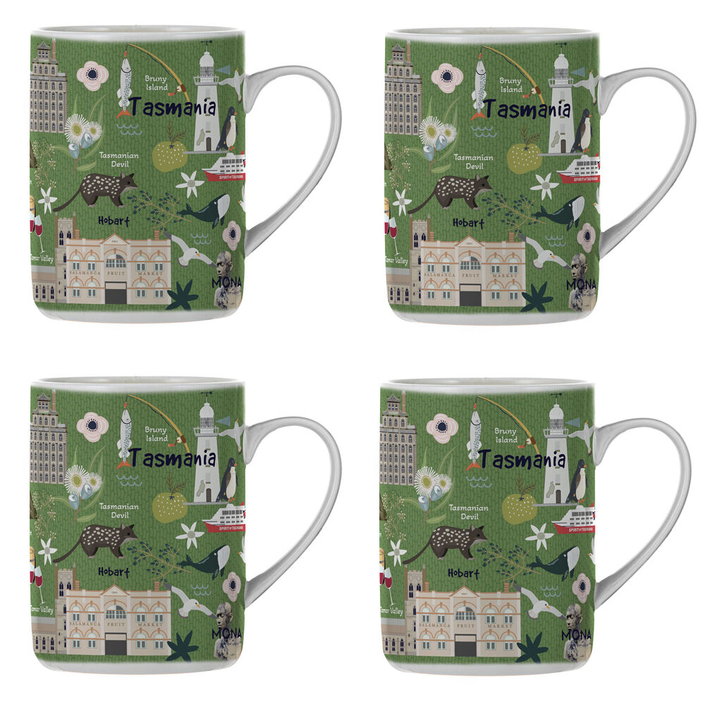 Ashdene Land Down Under Tas Bone China Drinking Mug Green 370ml (4 Pack)