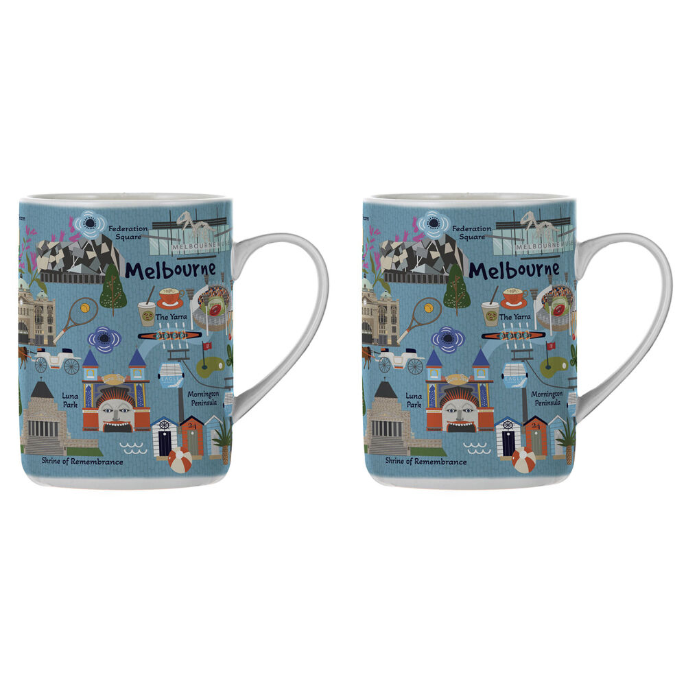Ashdene Land Down Under Melbourne Bone China Drinking Mug Blue 370ml (2 Pack)