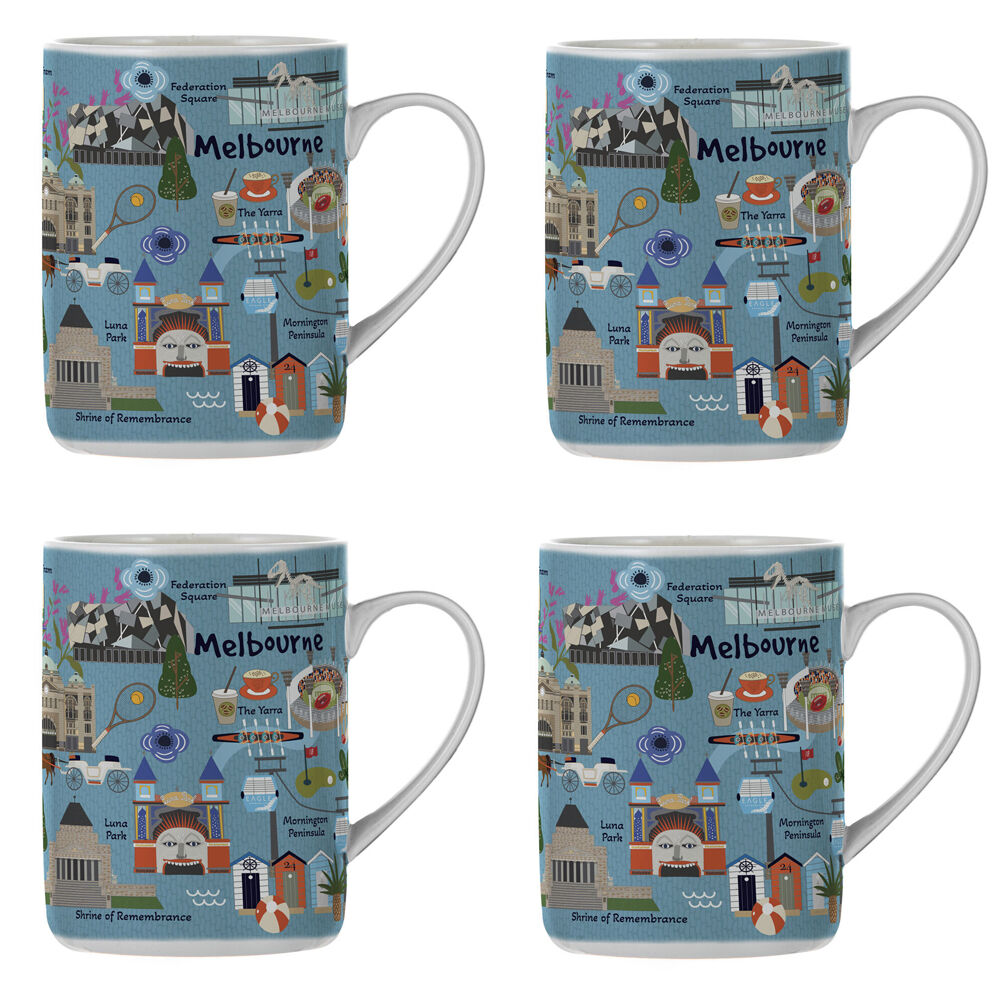 Ashdene Land Down Under Melbourne Bone China Drinking Mug Blue 370ml (4 Pack)