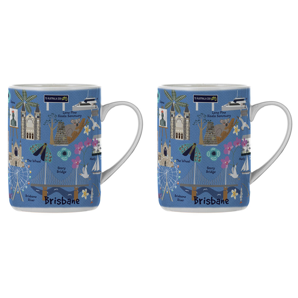 Ashdene Land Down Under Brisbane Bone China Drinking Mug Blue 370ml (2 Pack)