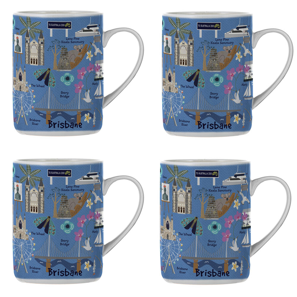 Ashdene Land Down Under Brisbane Bone China Drinking Mug Blue 370ml (4 Pack)
