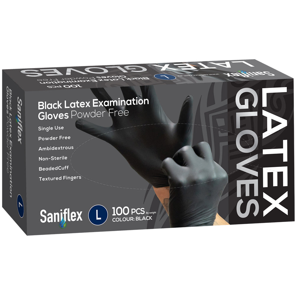 Saniflex Black Latex Powder Free Gloves-Size L Home cleaning Work PPE (100 Pieces)