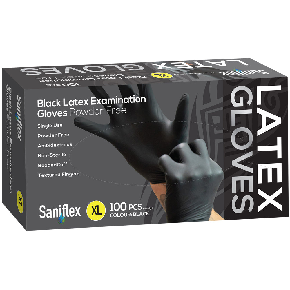 Saniflex Black Latex Powder Free Gloves- Size XL Home cleaning Work PPE (100 Pieces)