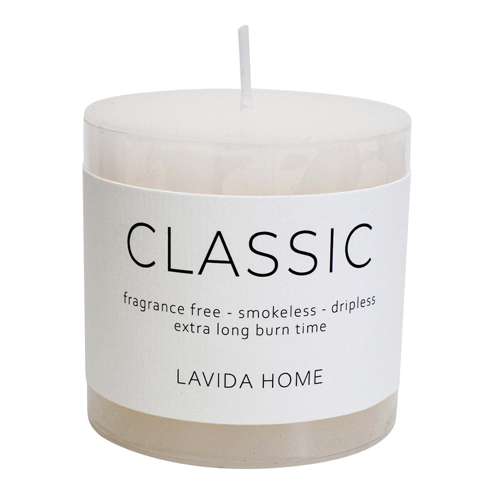 LVD Classic 7.5cm Natural Wax Candle Fragrance Free Smokeless/Dripless Decor White