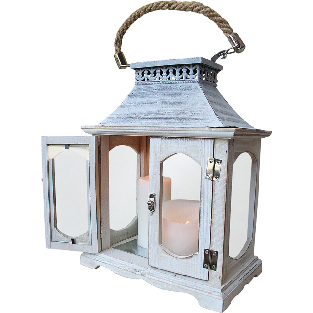 LVD Lantern Glass/Wood/Metal Candle Holder Home Decorative Display Whitewash (2 Pieces)