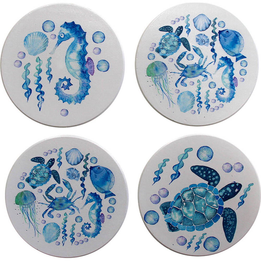 LVD Ceramic Coasters Home/Dining Table Protector Round 9x9cm Blue Sealife (4 Pieces)
