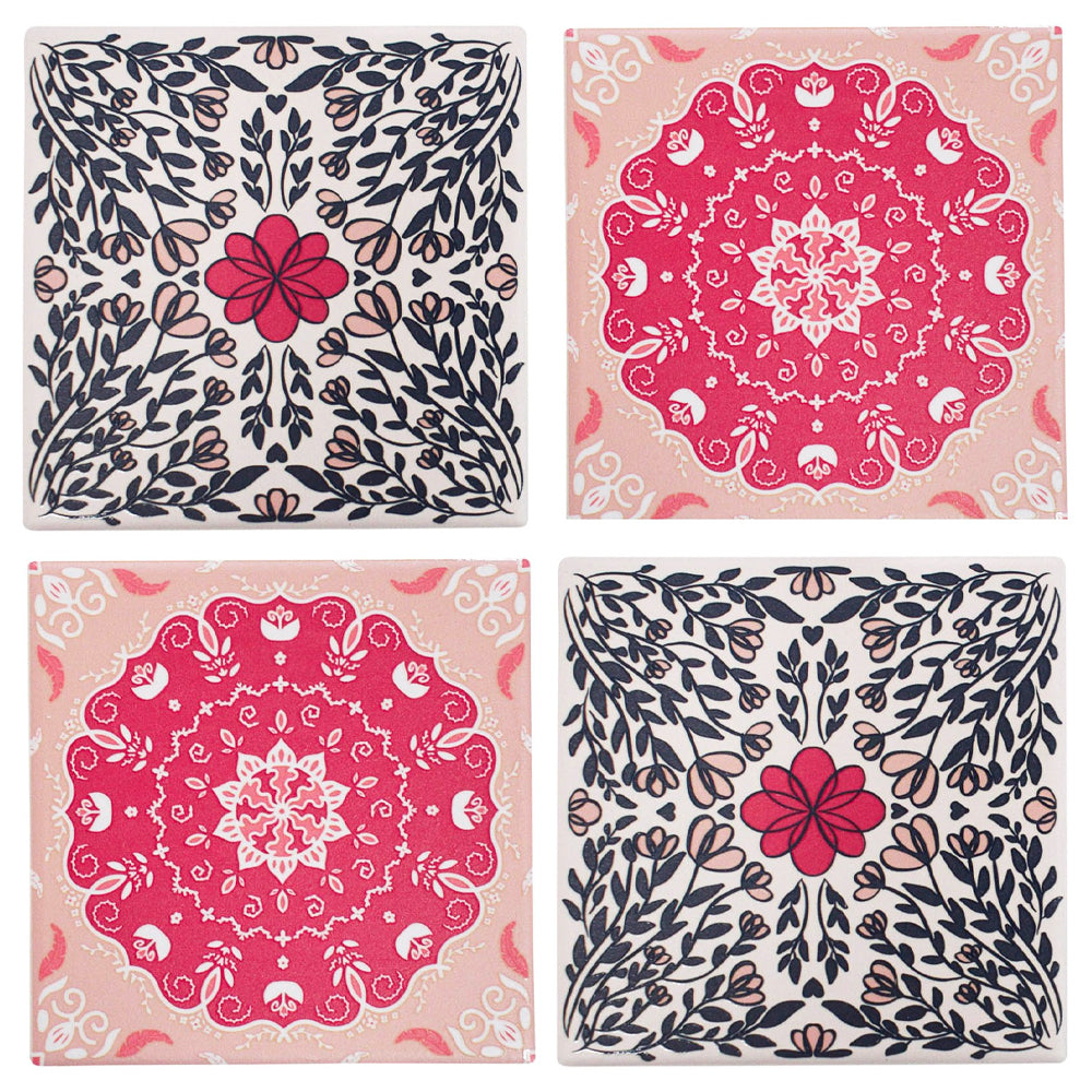 LVD 9.5cm Square Ceramic Tile Coffee/Tea Kitchen Table/Desk Coasters Bohemia Red (4 Pieces)