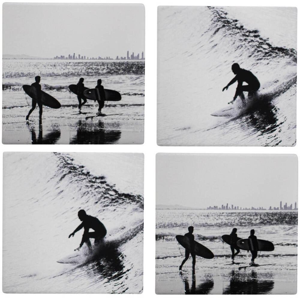LVD Ceramic Coasters Home/Dining Table Protector Square 9x9cm BW Surfers (4 Pieces)