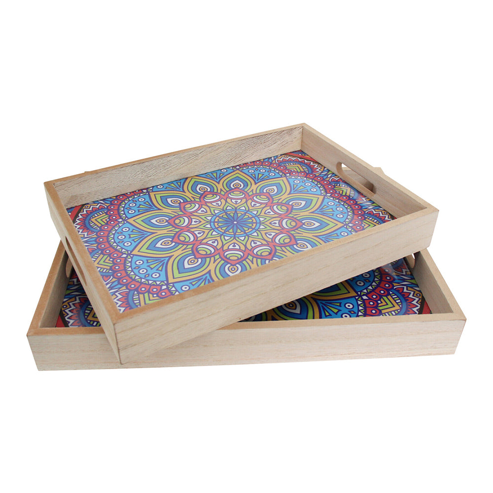 LVD Decorative MDF/Glass 40/35cm Food Serving Tray w/ Handles Storage Rectangle (2 Pieces)