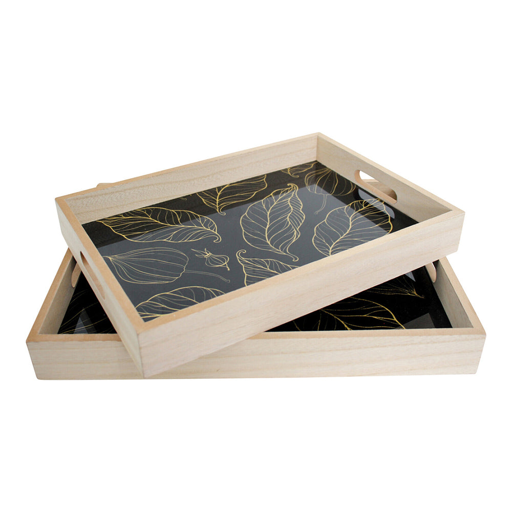 LVD Decorative MDF/Glass 40/35cm Serving Tray w/ Handles Storage Rect Leaf Mix (2 Pieces)