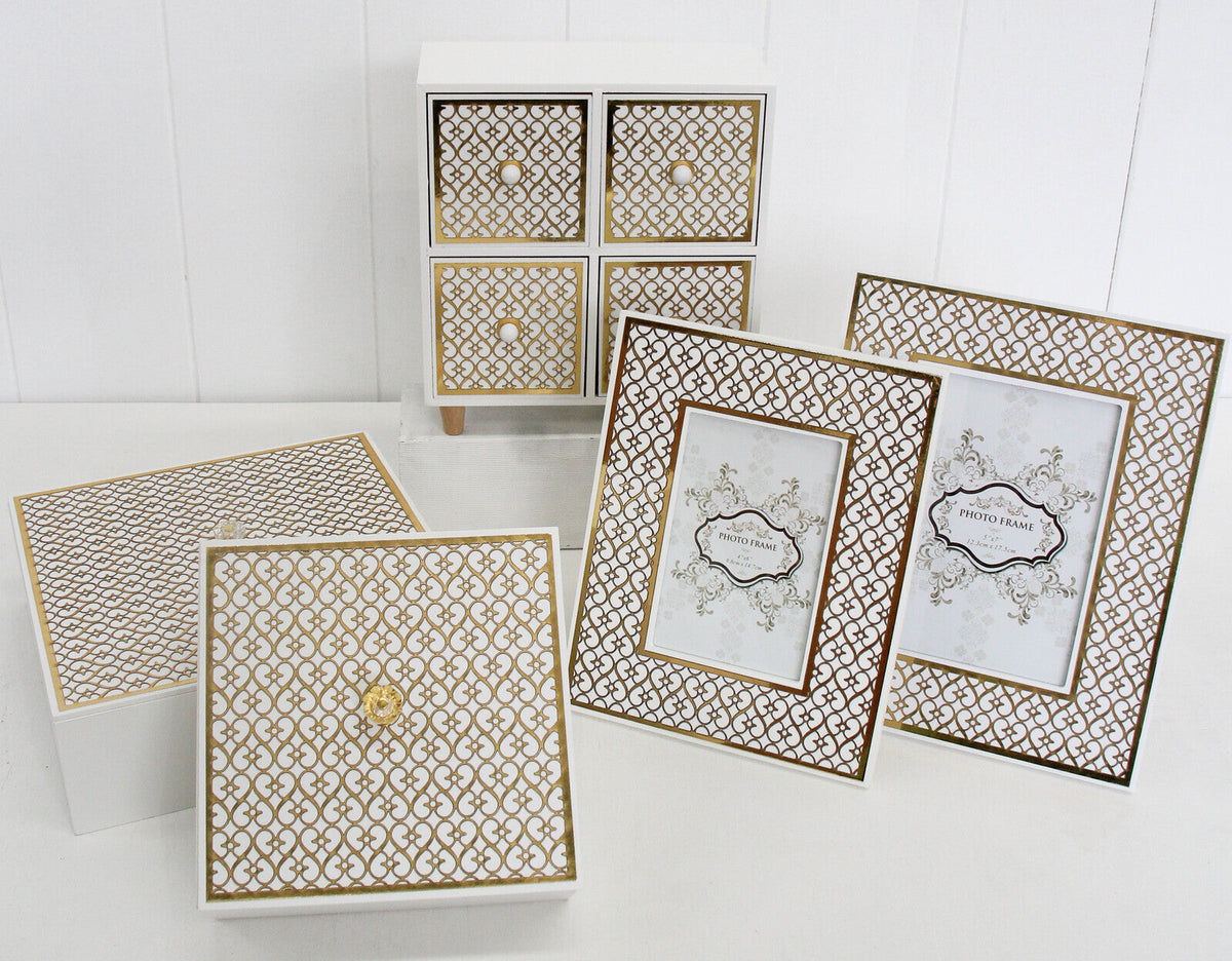 LVD MDF 24cm Square 4-Drawer w/ Stand Organiser Storage Home Decor Box White/Gold
