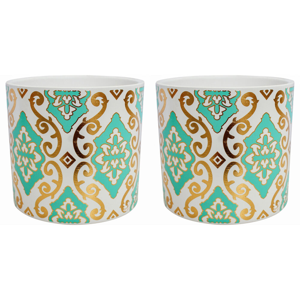 LVD Ceramic Decorative Indoor Planter Pot Indie 13x12cm Gold/Turquoise (2 Pack)