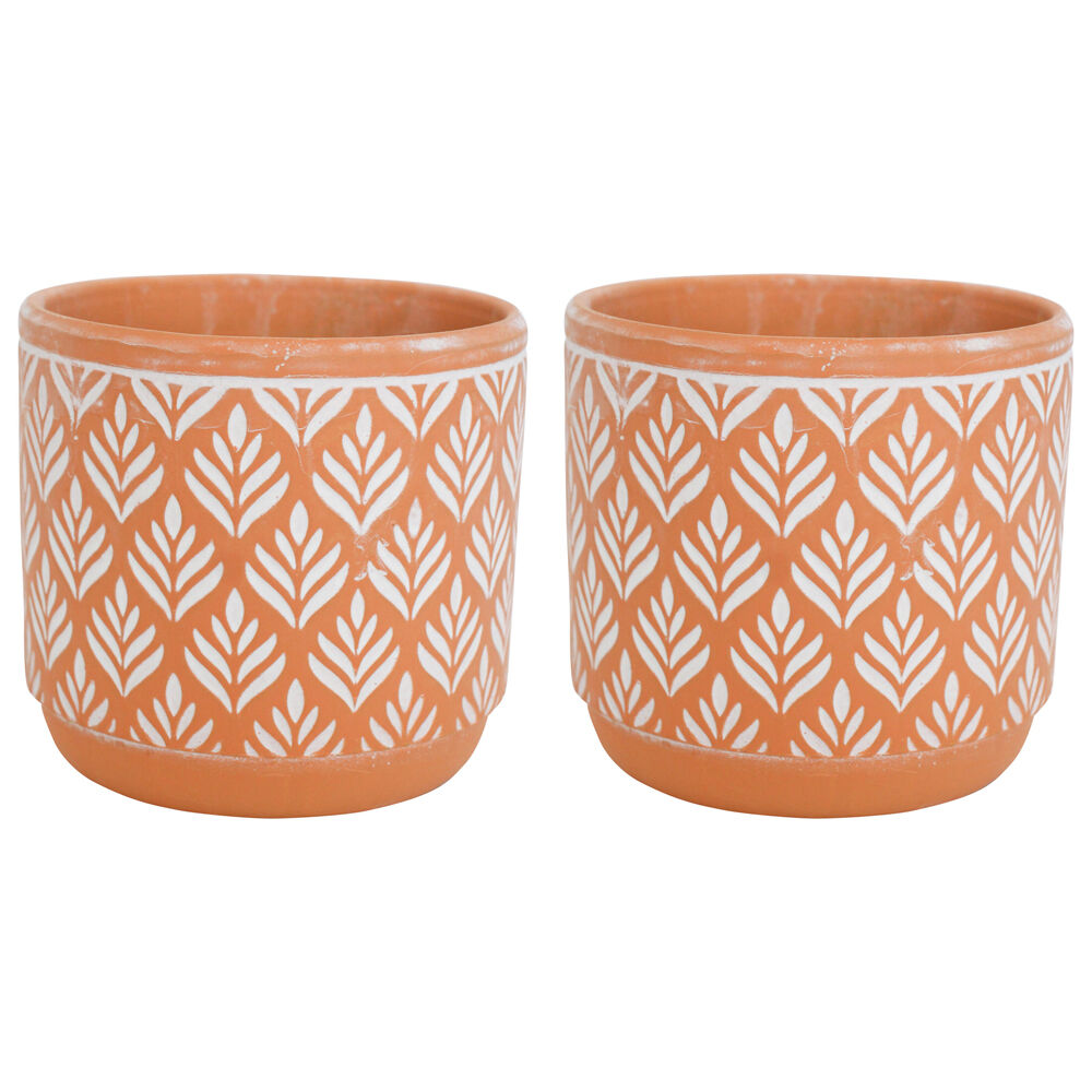 LVD Terracotta Ceramic Decorative Planter Pot Leaf Print 14x13cm Natural (2 Pack)