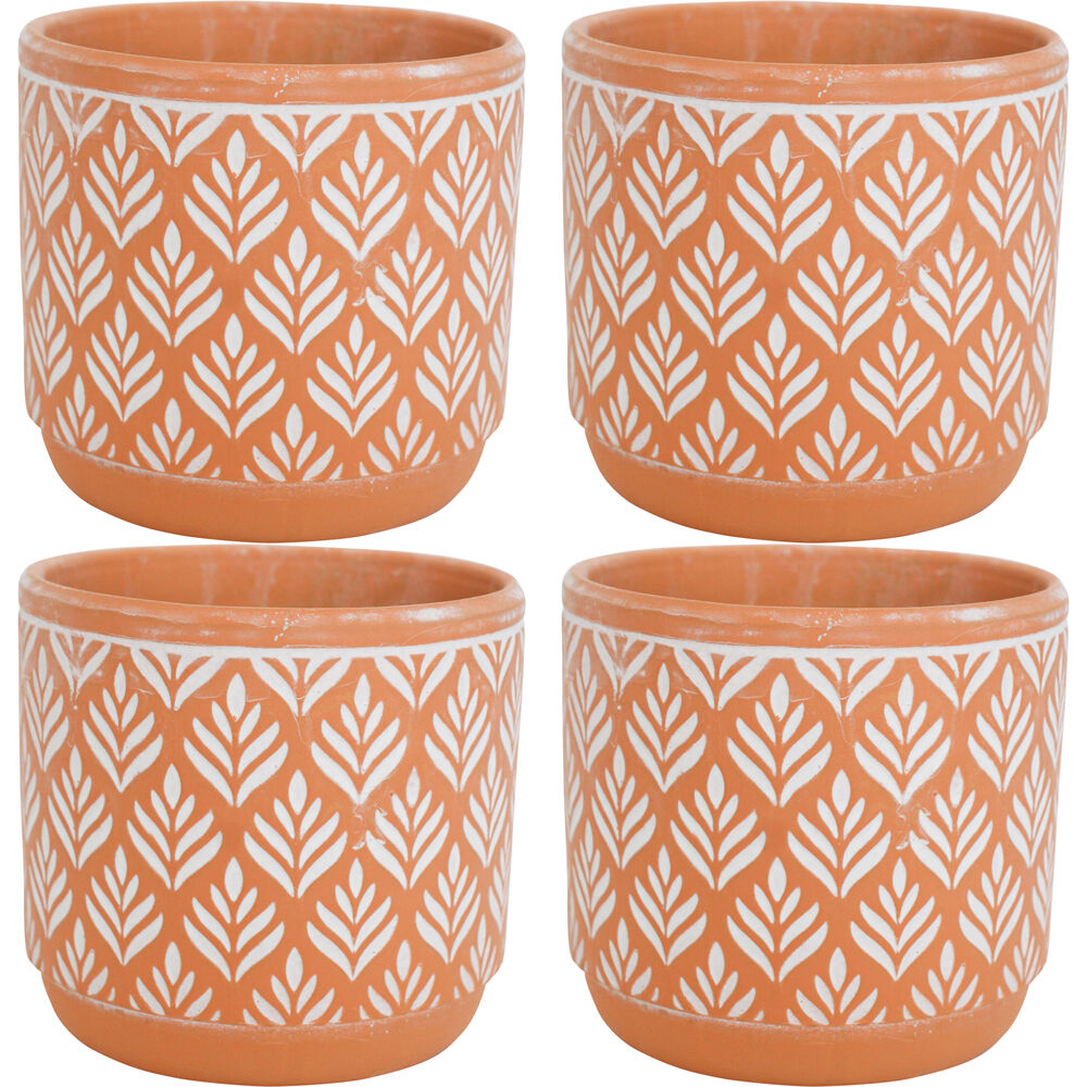 LVD Terracotta Ceramic Decorative Planter Pot Leaf Print 14x13cm Natural (4 Pack)