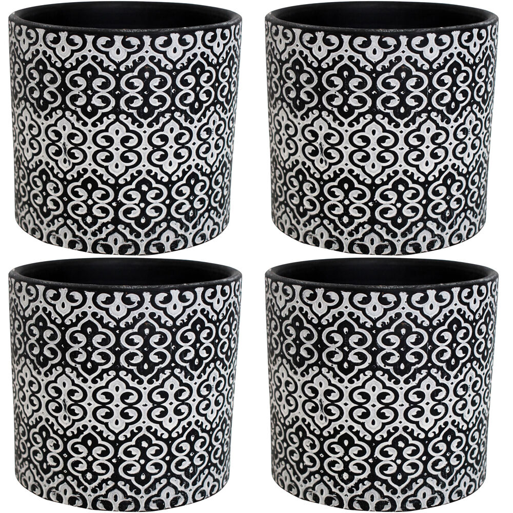 LVD Terracotta Ceramic Decorative Planter Scroll 13.5x12.5cm Black/White (4 Pack)