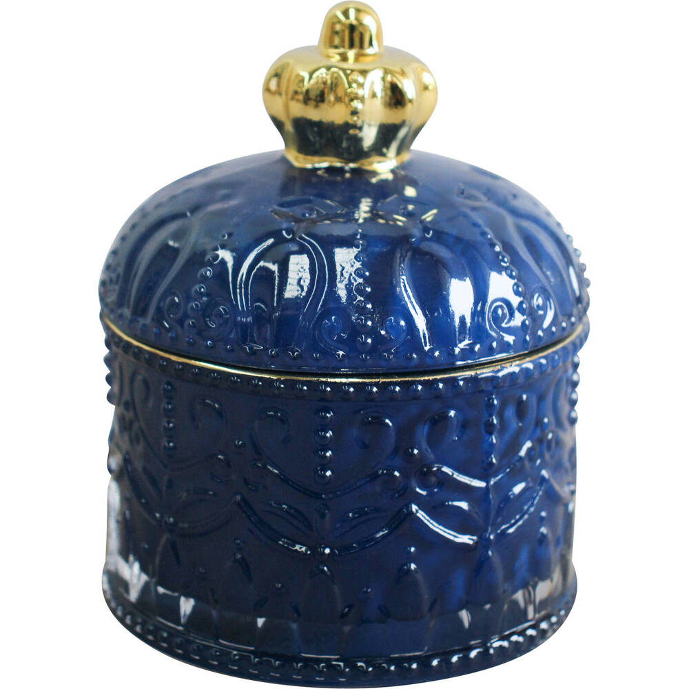 LVD Glass Crown Trinket Box Storage Home Tabletop Decor Round 11cm Indigo