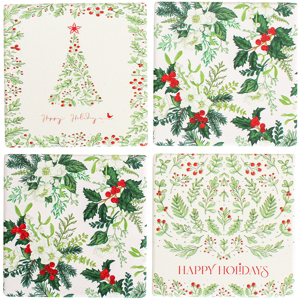 LVD Coasters Vintage Green Xmas Decorative Barware/Serveware Home Kitchen (4 Pieces)