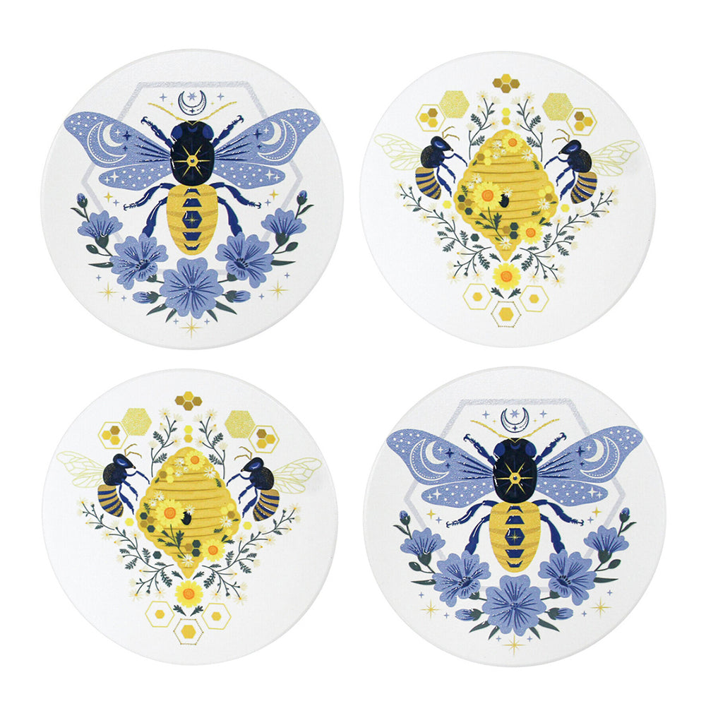 LVD Ceramic Round 9cm Boho Bees Coaster Drink/Cup Mat Set Table Protector Pad (4 Pieces)