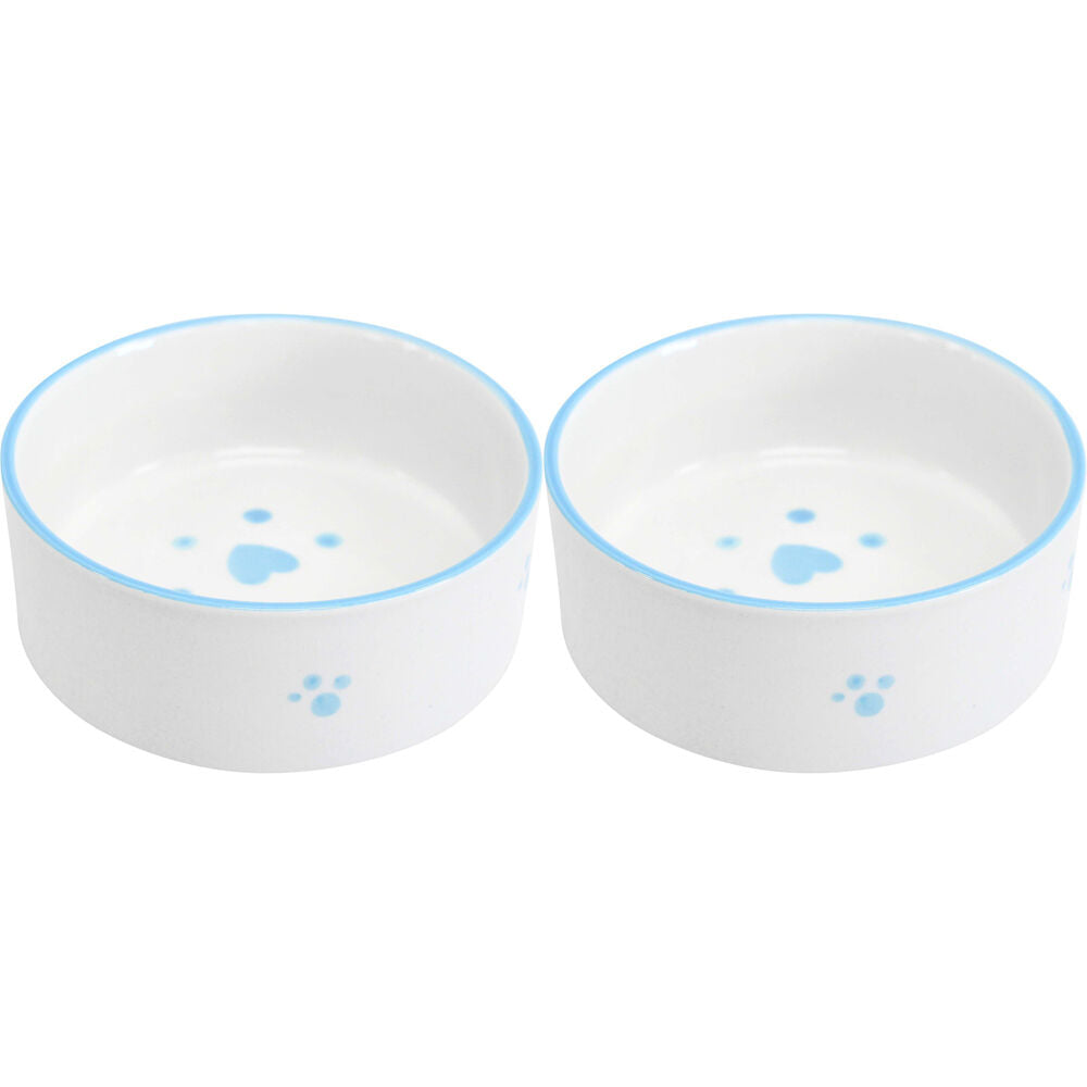 LVD Ceramic Small/Medium Pet Drinking/Feeding Bowl 13x5cm Blue Paws (2 Pack)