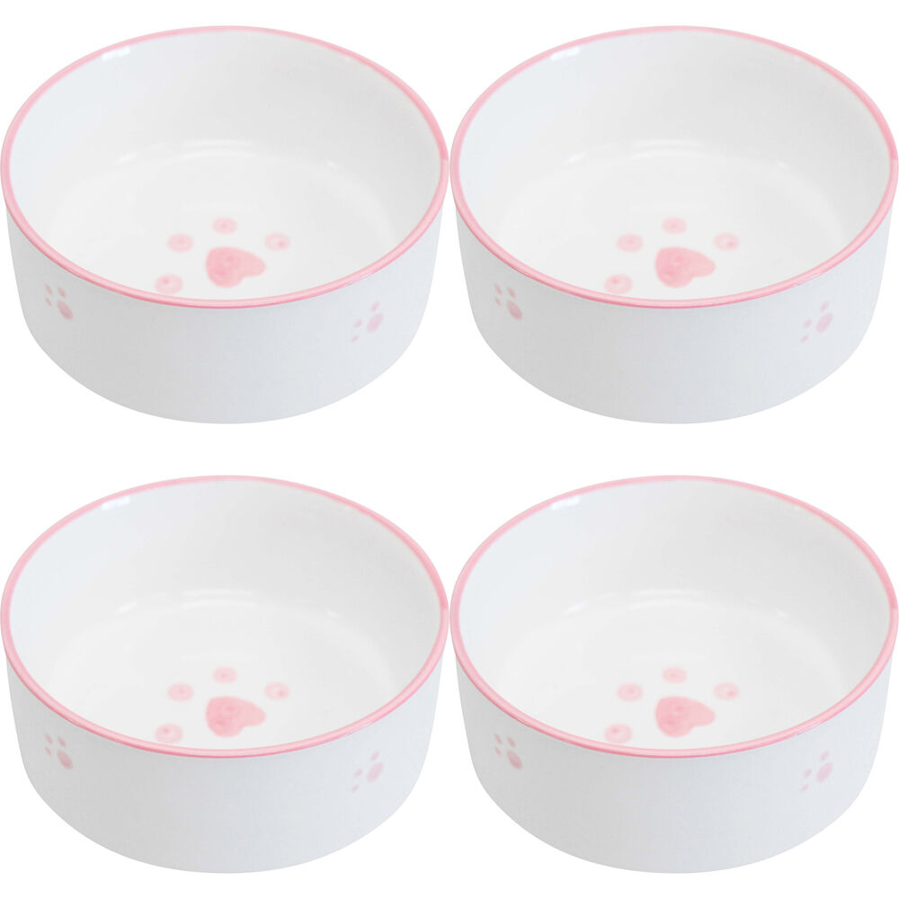 LVD Ceramic Small/Medium Pet Drinking/Feeding Bowl 13x5cm Pink Paws (4 Pack)