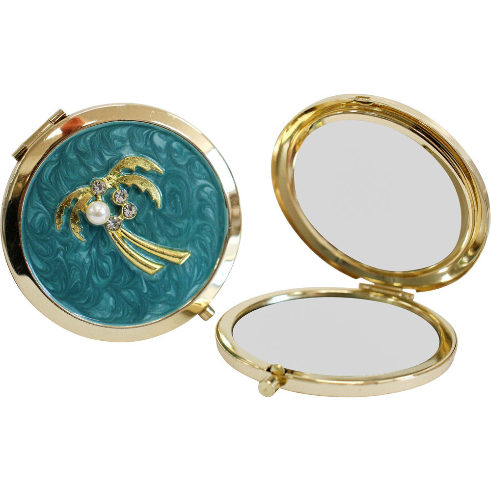 LVD Azure Palm Metal/Enamel/Glass 7cm Makeup Mirror Folding Cosmetic Round