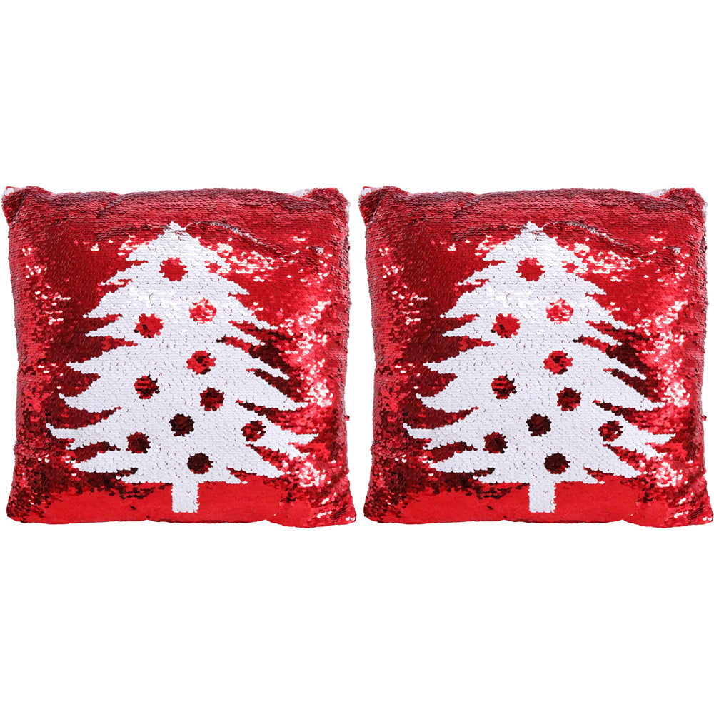 LVD Sequin Tree Pillow Cushion Home/Living Room Christmas Decor 40x40cm Red (2 Pack)