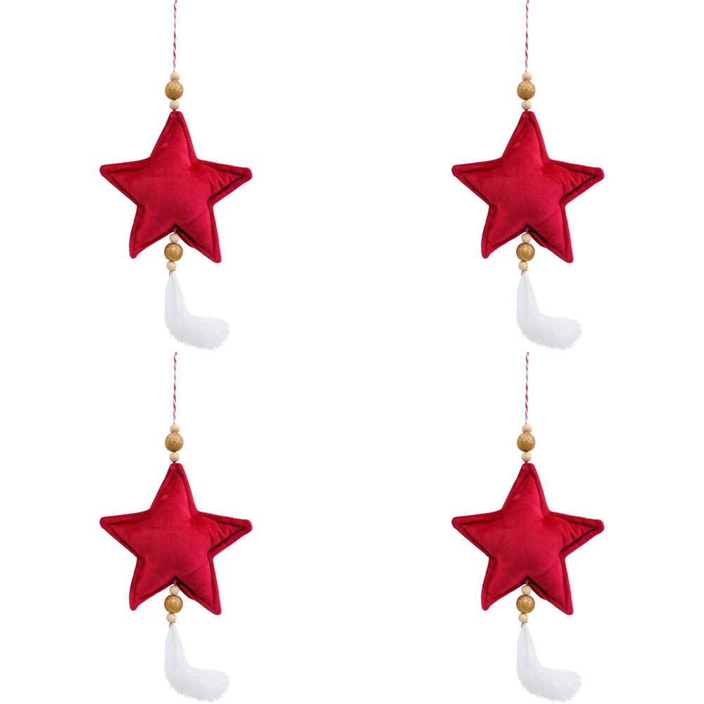 LVD Hanging Star Wine Velvet Christmas Tree Ornament Festive Decor 14cm Red (4 Pack)