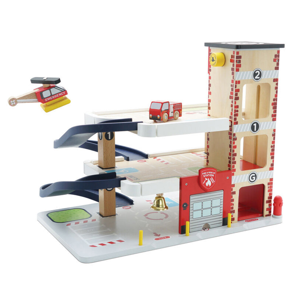 LE Toy Van George's Fire & Rescue Truck/Helicopter Garage Wood Toy Set Kids 3y+