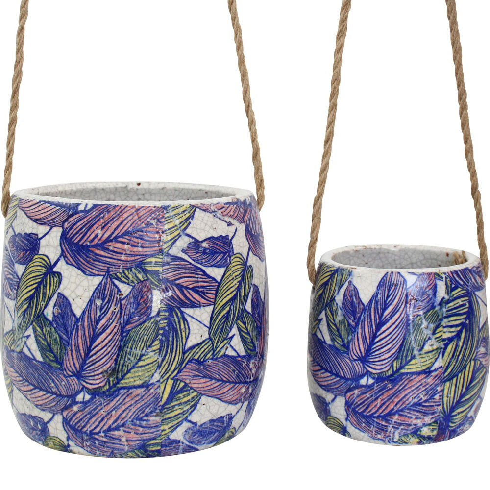 LVD Terracotta/Jute Hanging Pot Set 18x18x17cm/13x13x12.5cm Flora (2 Pieces)