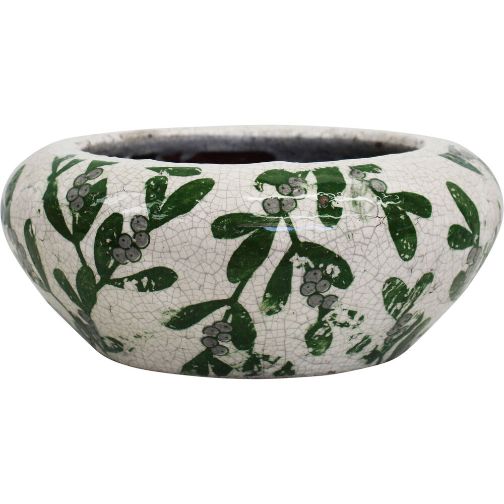LVD 25x10.5cm Green/White Large Terracotta Leaves Planter Pot Squat