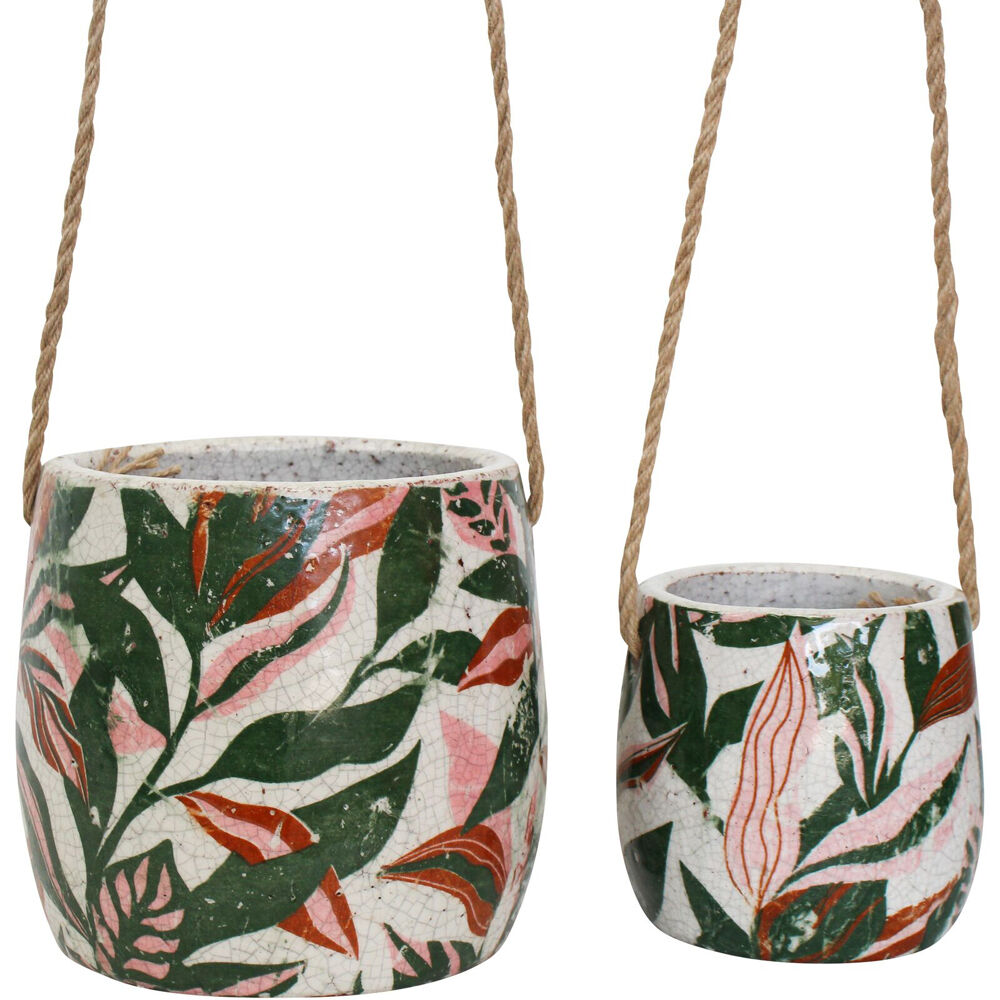 LVD Terracotta/Jute Hanging Pot Set 18x18x17cm/13x13x12.5cm Rainforest (2 Pieces)