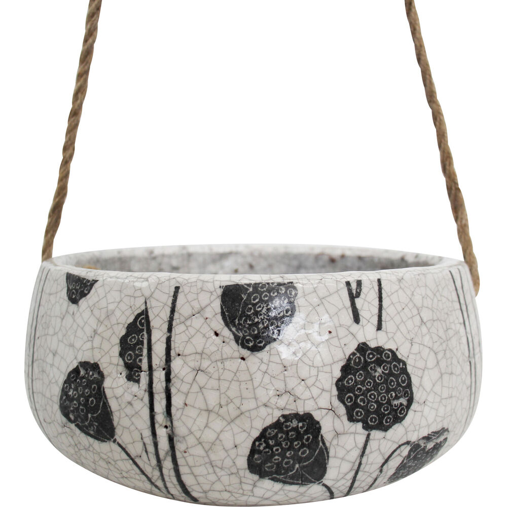 LVD 24x24x11cm Black & White Terracotta Hanging Rope Indoor/Outdoor Pot Pods