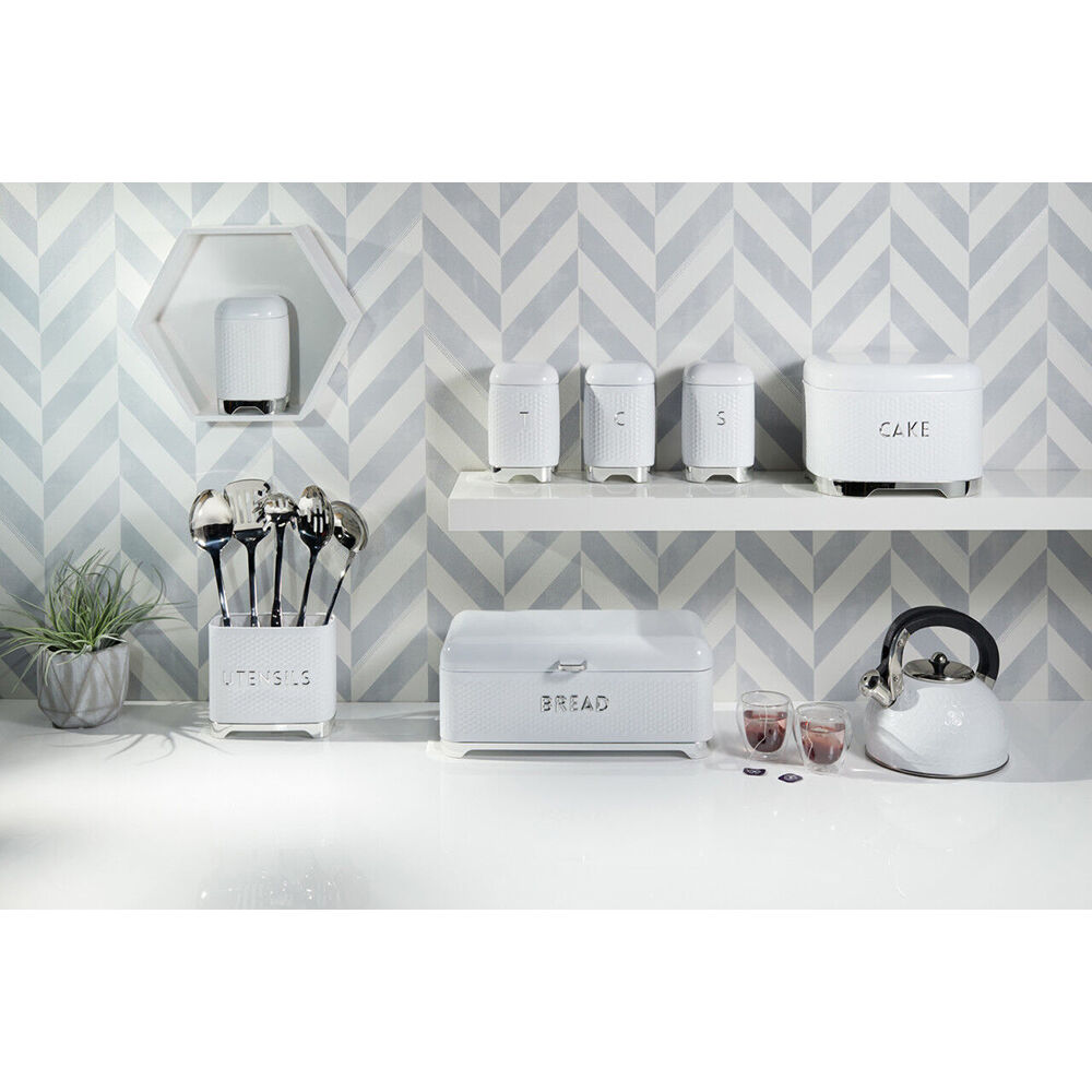 Kitchen Craft Lovello Carbon Steel Retro Coffee Canister w/ Geometric Finish Ice White — image 3