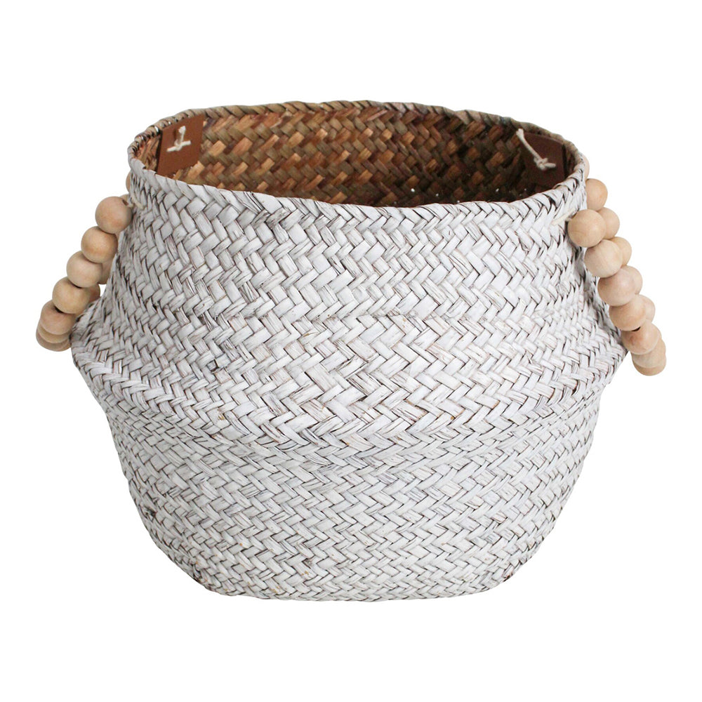 LVD Straw/Wood 28cm Woven Belly Basket w/ Beads Handle White/Natural