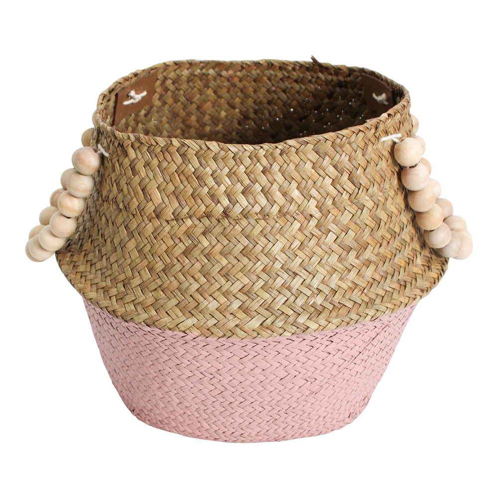 LVD Straw/Wood 28cm Woven Belly Basket w/ Beads Handle Storage Decor Pink/Natural
