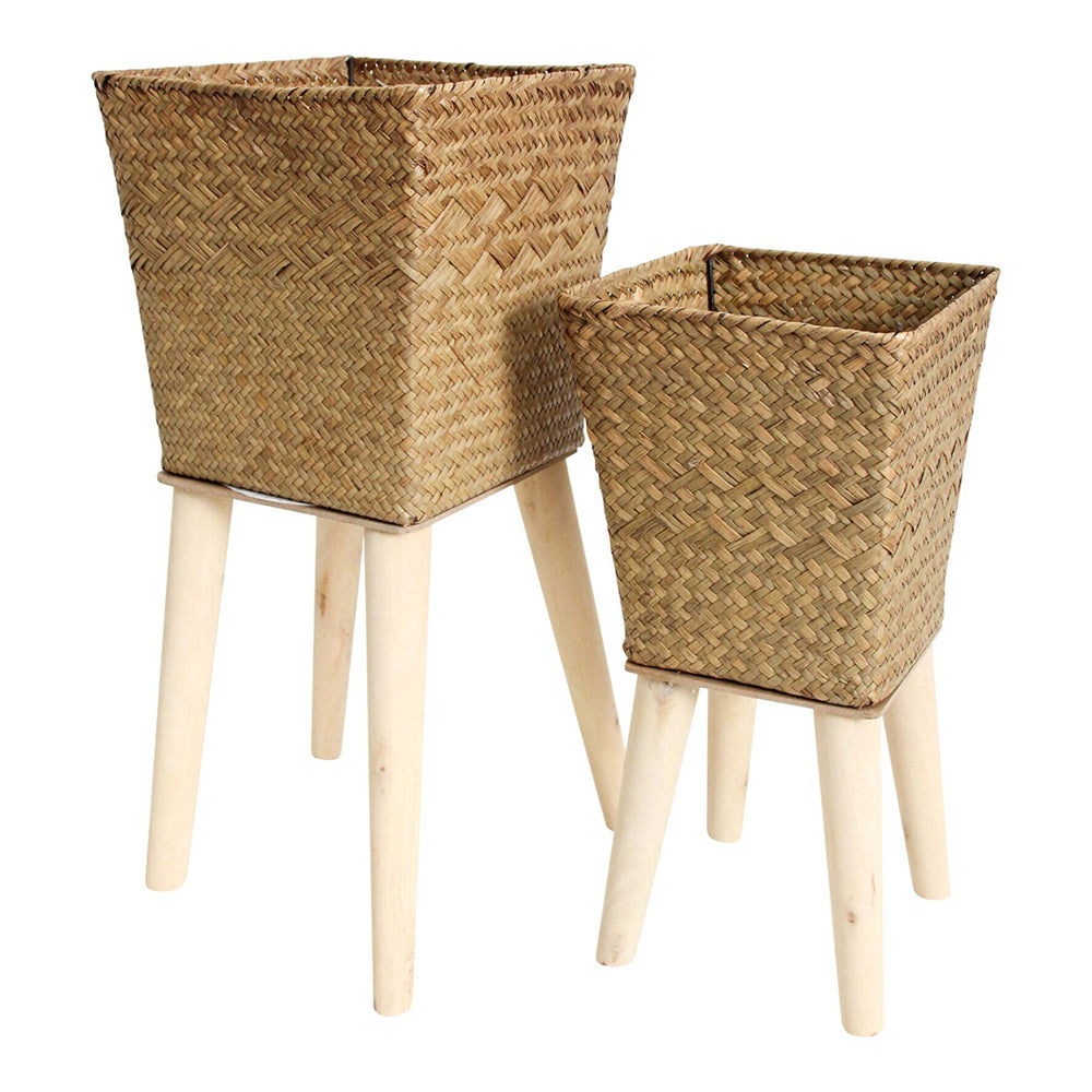 LVD Straw Planter 48/38cm Flower/Plant Pot Set w/ Wood Stand Home Decor Natural (2 Pack)
